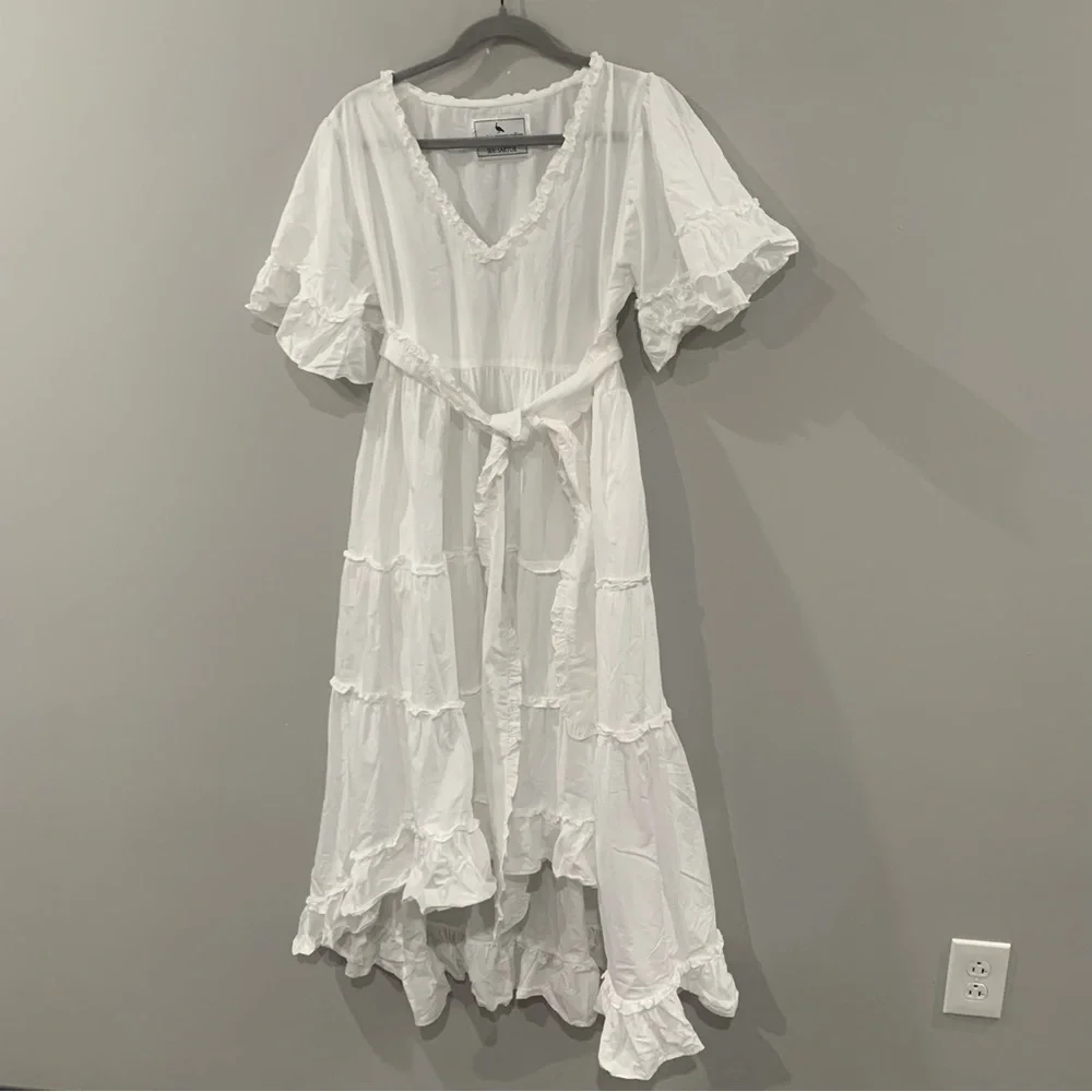 Sue Sartor x Cynthia Cazort Collins Dress High Low Midi Ruffle Tiered in White - Picture 3 of 8